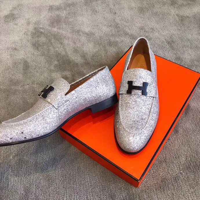 Giày lười Hermes siêu cấp kim tuyến họa tiết khóa chữ H màu bạc GLHM06