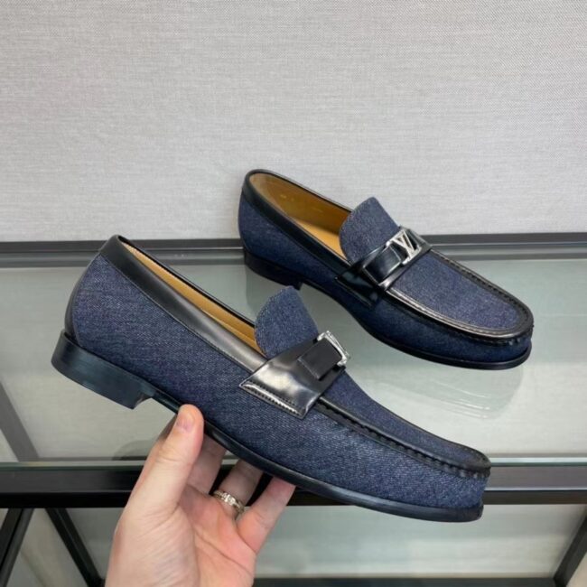 Giày lười Louis Vuitton like au đế cao họa tiết logo màu jeans xanh GLLV01