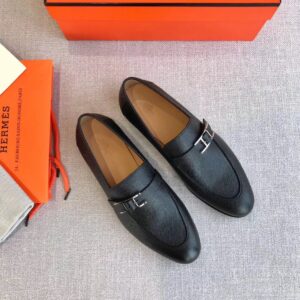 Giày lười Hermes siêu cấp da nhám khóa cài màu đen GLHM03
