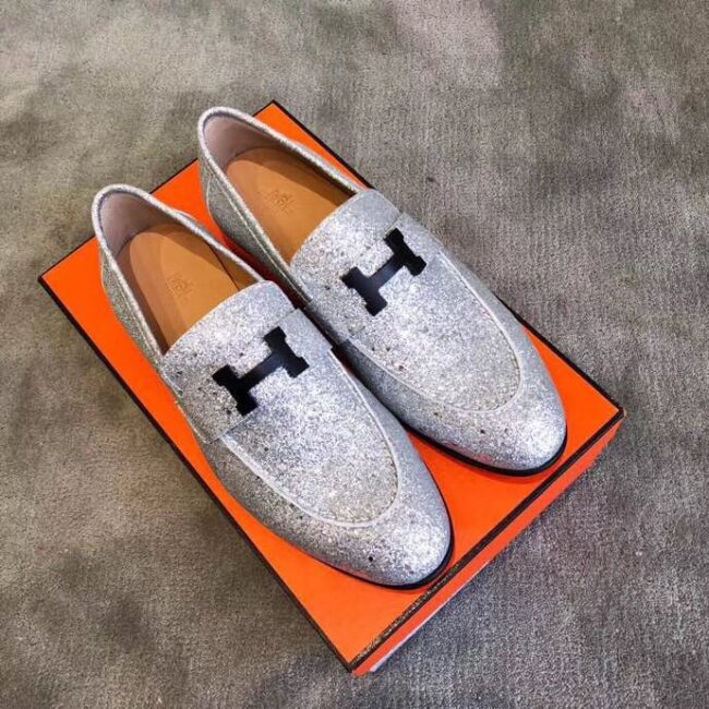 Giày lười Hermes siêu cấp kim tuyến họa tiết khóa chữ H màu bạc GLHM06