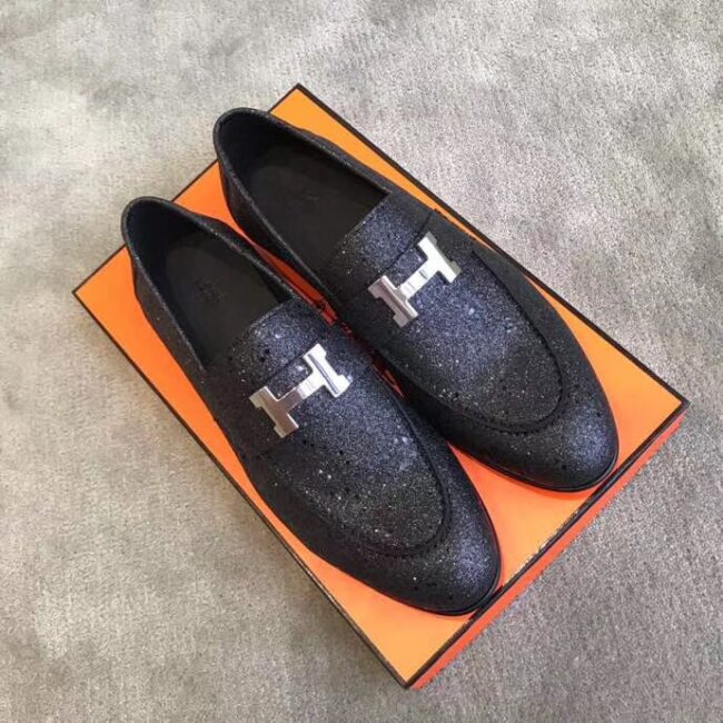 Giày lười Hermes siêu cấp kim tuyến họa tiết khóa chữ H màu đen GLHM07