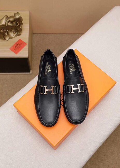 Giày lười Hermes siêu cấp họa tiết da trơn màu đen GLH22
