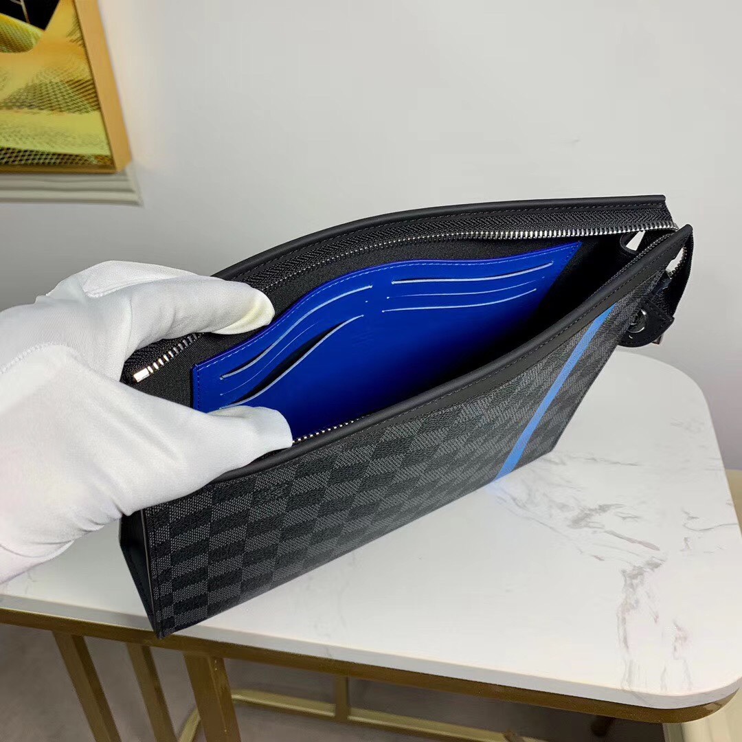 Ví nam Louis Vuitton siêu cấp cầm tay họa tiết caro kẻ xanh dọc VNLV28