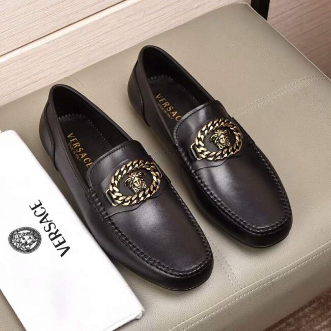 Giày lười Versace siêu cấp họa tiết logo màu đen GLV02