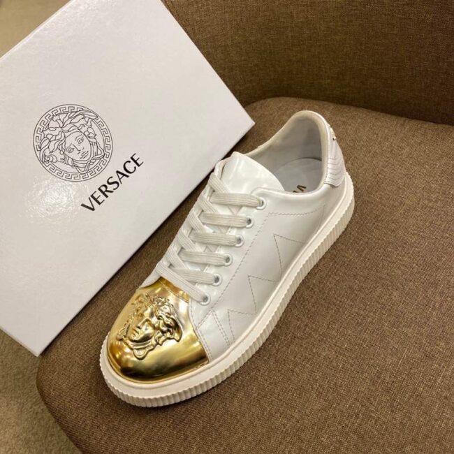 Giày nam Versace siêu cấp họa tiết logo viền vàng màu trắng GNV07
