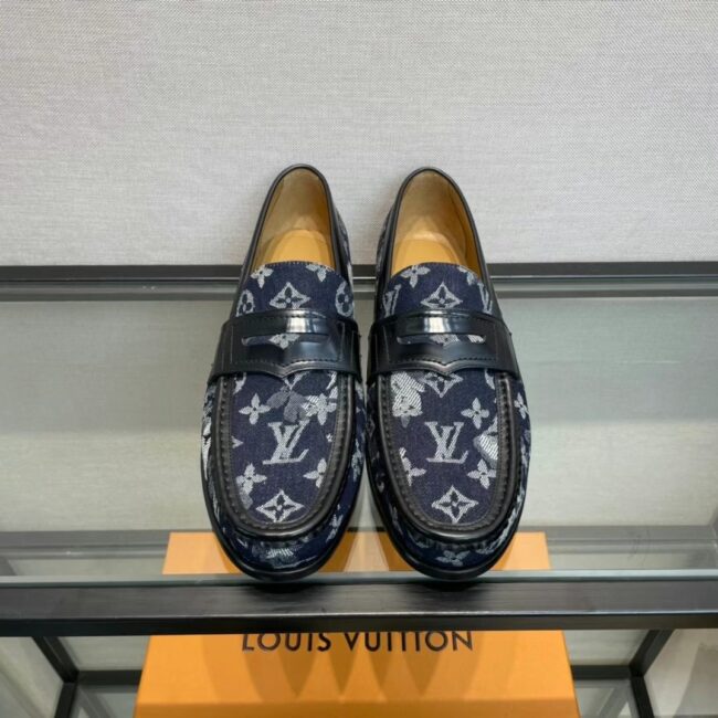 Giày lười Louis Vuitton like au đế cao họa tiết hoa màu jeans xanh GLLV76