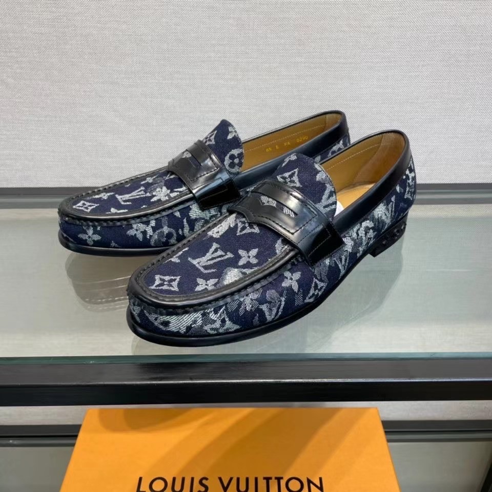 Giày lười Louis Vuitton like au đế cao họa tiết hoa màu jeans xanh GLLV76